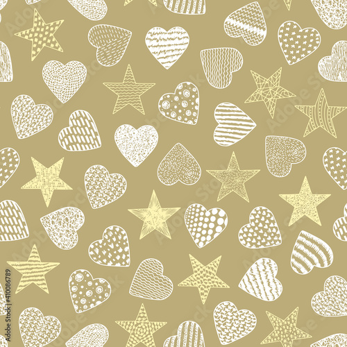 Hearts. Stars. Valentine Seamless pattern. Happy Valentine's day. Hand drawn doodle Hearts and Stars - Vector illustration. 