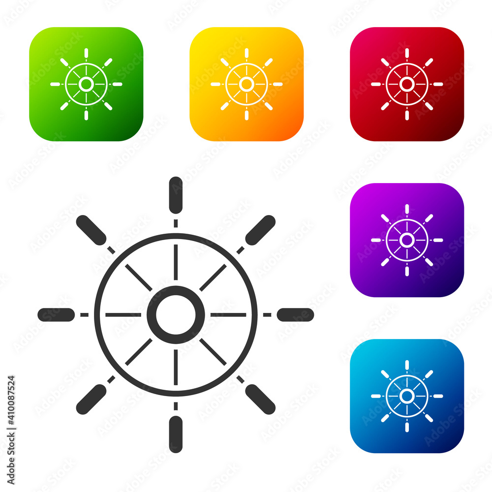 Black Ship steering wheel icon isolated on white background. Set icons in color square buttons. Vector. Black Ship steering wheel icon isolated on white background. Set icons in color square buttons. Vector.