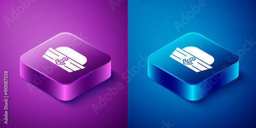 Isometric Sailor hat icon isolated on blue and purple background. Square button. Vector.