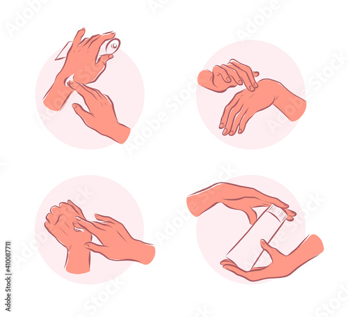 Set of human hands emblems with hand cream hold  moisturizer tube, smear each other isolated on white background. Vector flat hand drawn illustration. For banners, ads, emblems, tags etc.
