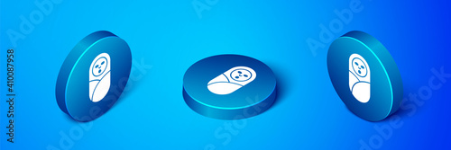 Isometric Newborn baby infant swaddled or swaddling icon isolated on blue background. Baby kid child wrapped in blanket clothes. Blue circle button. Vector.