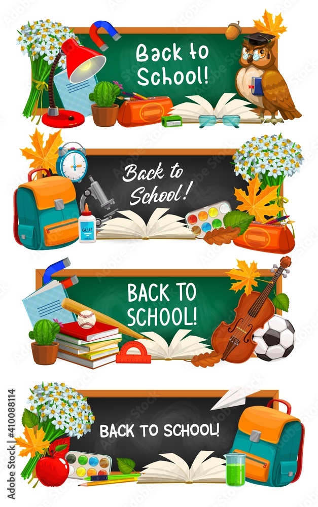 Back to school education vector banners. Cartoon chalkboards with ...