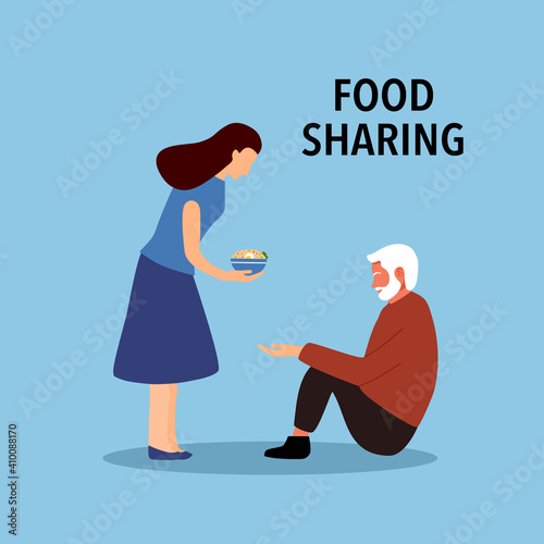Food donation concept vector illustration on blue background. Woman sharing a bowl of rice to poverty in flat design. Time for charity.
