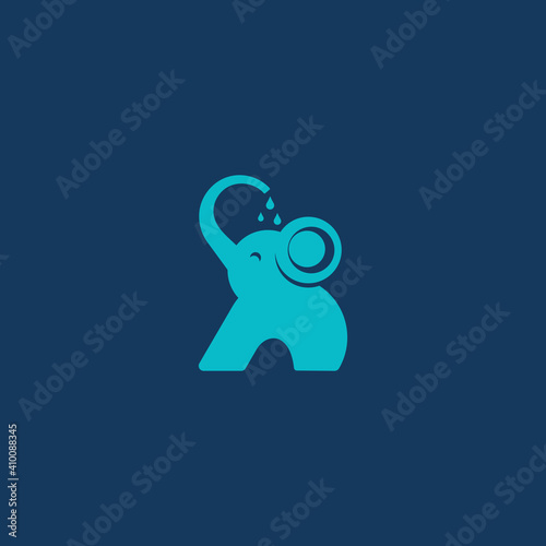 The elephant pours water on itself. Logo, emblem or symbol. Vector illustration. Concept of love for animals. Flat design..