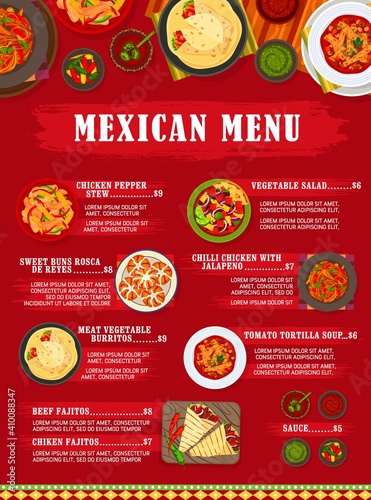 Mexican food vector menu template sweet buns rosca de reyes, vegetable salad, meat vegetable burritos. Tomato tortilla soup, beef or chicken fajitas, chilli with jalapeno pepper stew Mexico meals