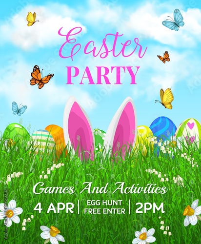 Easter holiday vector flyer with cute cartoon rabbit ears in green grass blades with decorated eggs, flowers and butterflies. Happy Easter spring games and activities free event celebration invitation