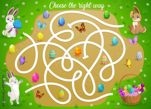 Kids maze game help Easter bunnies choose right way to get eggs basket. Vector labyrinth puzzle, find correct direction board game. Task with tangled path and rabbits. Education children riddle sheet