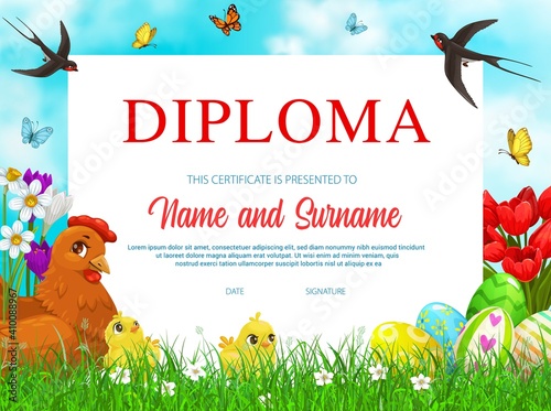 Education school diploma with vector Easter eggs, chicken with chicks and flowers on green spring meadow with swallows and butterflies. Kindergarten kids certificate, cartoon award frame template