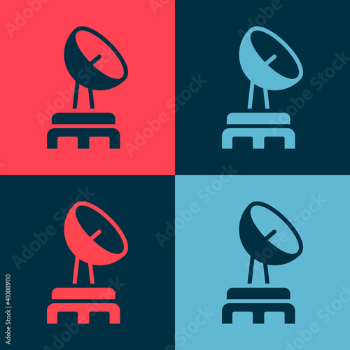 Pop art Radar icon isolated on color background. Search system. Satellite sign. Vector.