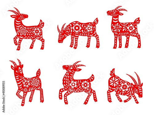 Chinese zodiac goat animal vector icons set. Lunar new year of China symbolic, red ornate horned nanny goat, astrological horoscope signs isolated on white background. Asian symbol of year, tattoo