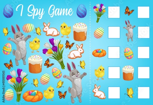 I spy kids game with Easter characters vector worksheet. How many rabbits, chicks, eggs, butterflies or flowers and cakes educational puzzle. Children numeracy skills development cartoon riddle page