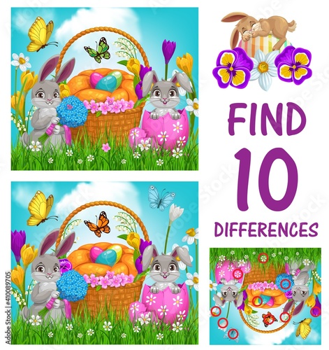 Kids game of find ten differences vector template with Easter eggs and bunnies. Logic game, puzzle or riddle of children education worksheet with Easter holiday egg hunt basket, rabbits and flowers