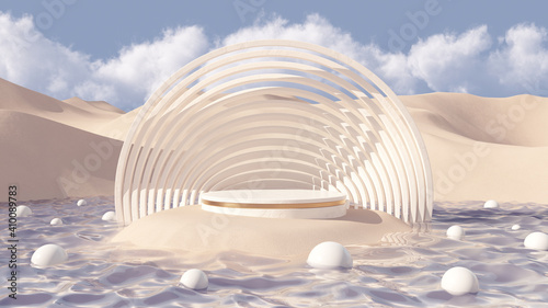 Podium for packaging or cosmetics presentation. Minimal mockup background with marble product podium and geometric abstract stone shapes, sand dunes with water and cloudy sky. 3d rendering.