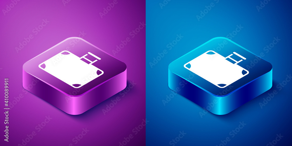 Isometric Suitcase for travel icon isolated on blue and purple background. Traveling baggage sign. Travel luggage icon. Square button. Vector. Isometric Suitcase for travel icon isolated on blue and purple background. Traveling baggage sign. Travel luggage icon. Square button. Vector.