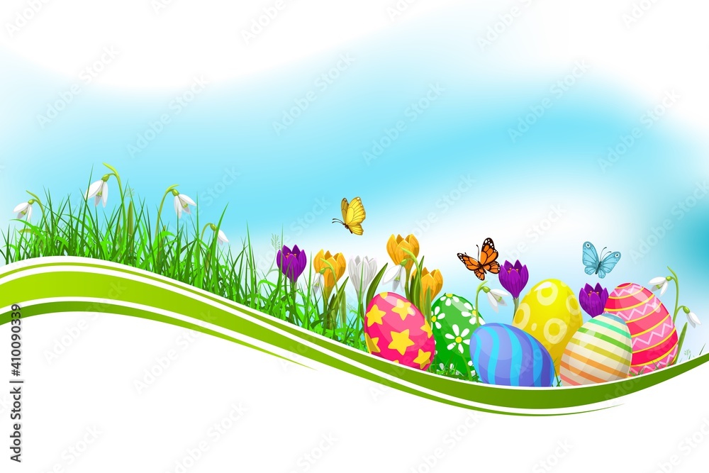 Easter eggs green grass wave, vector design element with spring flowers on grass blades and flying butterflies under blue sky. Isolated cartoon Easter holidays hunt, wavy border with spring blossoms