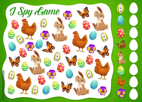 I spy Easter kids game or puzzle vector template. Children education worksheet of I spy game with find and count cartoon Easter eggs, bunnies, chicks and butterflies, spring flowers and chickens