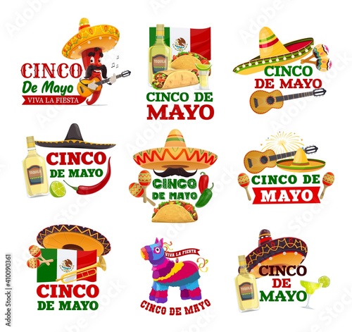 Cinco de Mayo and Viva Mexico isolated icons. Vector fiesta party sombrereo hats, maracas, Mexican flag and guitar, chilli pepper musician, tequila margarita, tacos and pinata, jalapeno and burrito