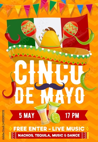 Cinco de Mayo vector flyer. Mexican sombrero with mustaches, national flag, tequila shots with lime and jalapenos red and green peppers with garlands. Fiesta party event invitation card, free enter
