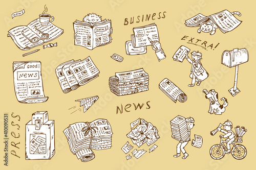 Press. Newspaper vector icons. Newspapers set: stacks and rolls of newspapers, postman, paperboys, pets with newspapers, newspaper vending machine, mailbox - Hand Drawn Doodles illustration
 photo