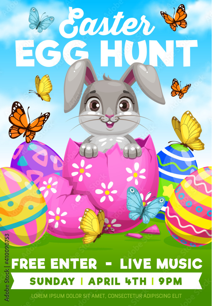Easter egg hunt bunny vector flyer of religion holiday party. Cartoon  rabbit or hare animal hiding in Easter egg on green grass field with flying  butterflies, Resurrection Sunday kids game invitation Stock