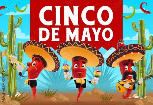 Cinco de Mayo chilli pepper musicians with sombreros, vector Mexican holiday fiesta party. Red jalapeno mariachi cartoon characters playing guitar, maracas and trumpet, cactuses and agave