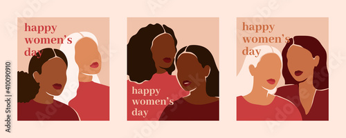 Happy women's day vertical cards with women of different ethnicities and cultures. Strong and brave girls support each other. Sisterhood and females friendship. Vector