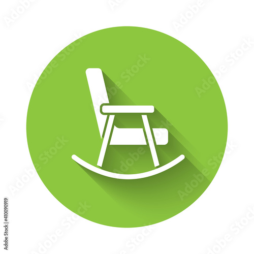 White Rocking chair icon isolated with long shadow. Green circle button. Vector.
