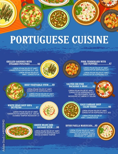 Portuguese cuisine restaurant meals menu template. Grilled sardines, beef and sausage stew, pork tenderloin, Bacalhau a Bras cod fish and paella Mariscada, Sopa de Feijao and Caldo Verde soup vector