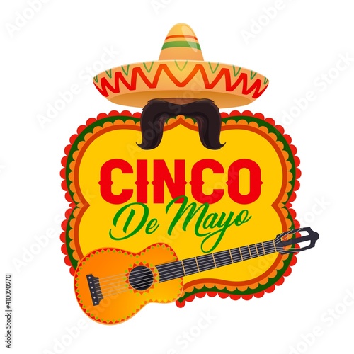 Cinco de Mayo vector icon with mexican symbols sombrero, mustaches and guitar. Cartoon Cinco de Mayo badge in traditional colors. National hat and musical instrument for fiesta party holiday of Mexico