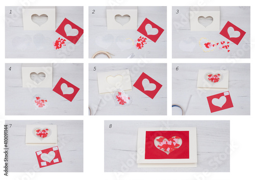 Handmade Valentine greeting card. DIY for kids, children, speb by step. Valentine's day. Step