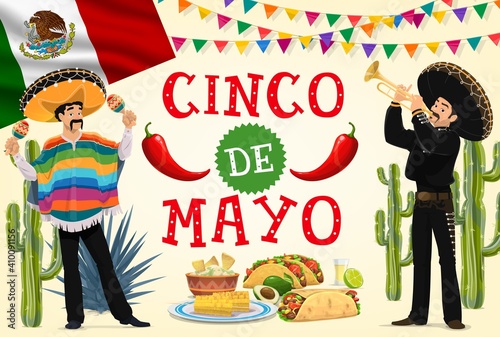 Cinco de Mayo fiesta mariachi and Mexican food vector design. Cartoon musicians with sombrero hats, maracas and trumpet, Mexico flag, cactuses and red chilli peppers, tequila, taco, burrito and nachos