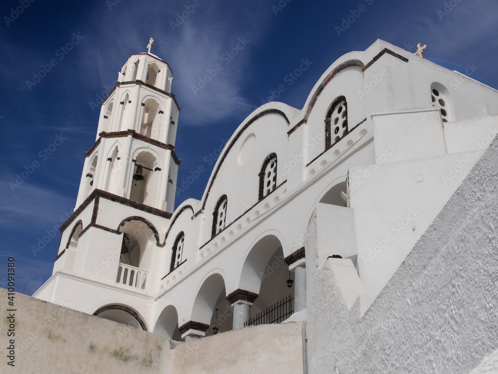 Orthodox Church In Pyrgos, santorini island, greece. View of the historical part of the town of Pyrgos.