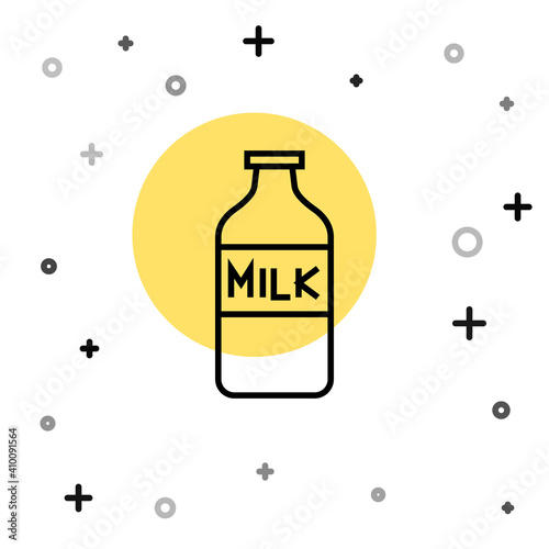 Black line Closed glass bottle with milk icon isolated on white background. Random dynamic shapes. Vector Illustration.