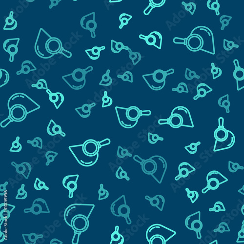 Green line Drop and magnifying glass icon isolated seamless pattern on blue background. Vector Illustration.