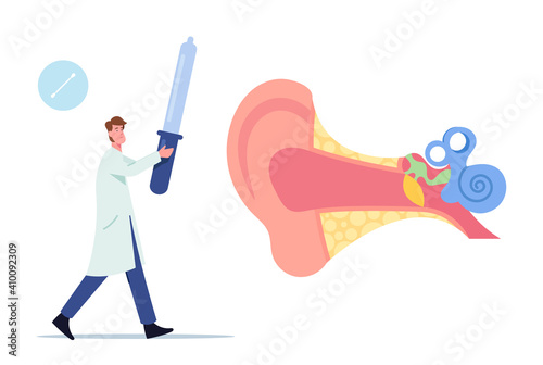 Tiny Doctor Audiologist with Pipette for Dripping Remedy in Huge Sick Ear, Otolaryngologist Male Character Heal Patient