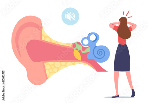 Ear Pain, Tinnitus, Otitis or Deaf Concept. Tiny Female Characters Suffer of Ache Holding Dizzy Head at Huge Human Ear