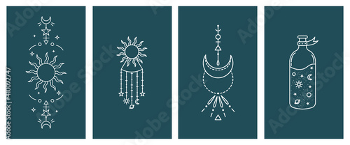 Set of mystical astrological vector illustrations. Magic symbols. Zodiac. Astronomy. Line art illustrations.