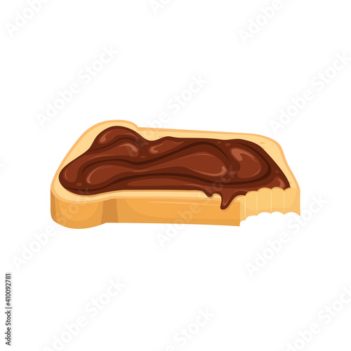 A nibbled sandwich smeared with chocolate paste. Sweet sandwich.