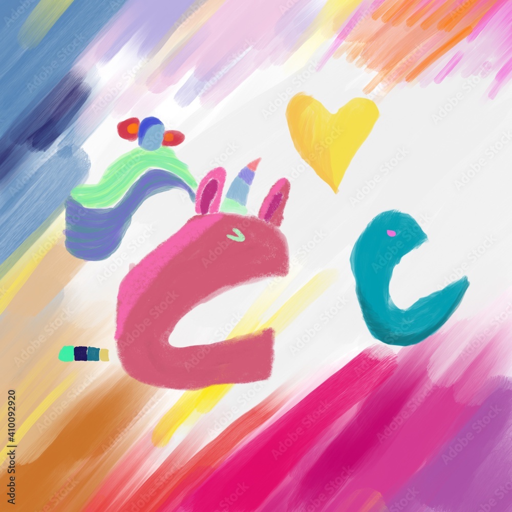 Cute Pac Man unicorn with rainbow horn and tail set. colorful background.