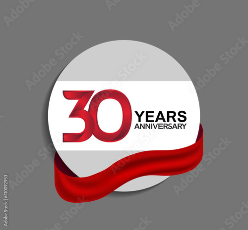 30 years anniversary design in circle red ribbon on gray background for celebration event, template, special event and invitation