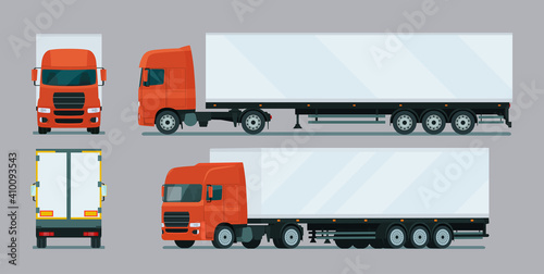 Cargo truck with trailer four angle set. Truck side, back and front view. Vector flat style illustration.