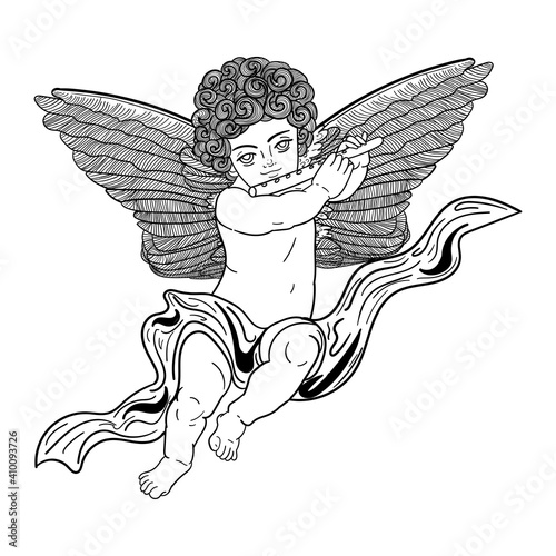 Cute angel with a pipe, contour drawing of black color isolated on white background, stock vector illustration for design and decor, sticker, clipart, poster, banner