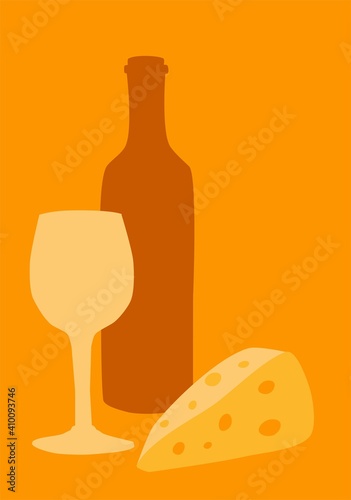 Poster wine with glass and cheese, collage in yellow monochrome colors, minimalism style, vector stock illustration for design and decor, banner, background, postcard, card