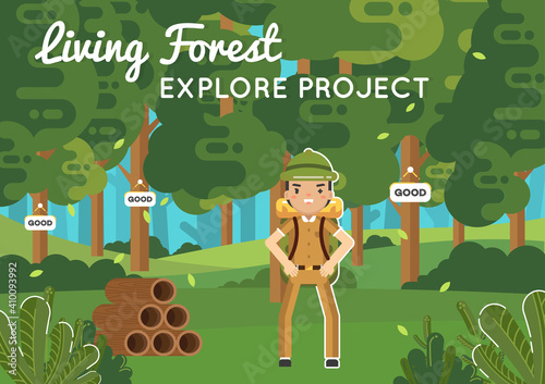Living forest explore project, A man Trekking in to the woods, The traveler seeing the good trees