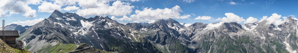 Panoramic view of Hohe Tauern Mountain range in Grossglockner viewpoint Edelweissspitze in Austria