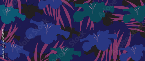 Luxury elegant orchids floral line arts pattern and black background. Topical flower wallpaper design, Fabric, surface design. Vector illustration.