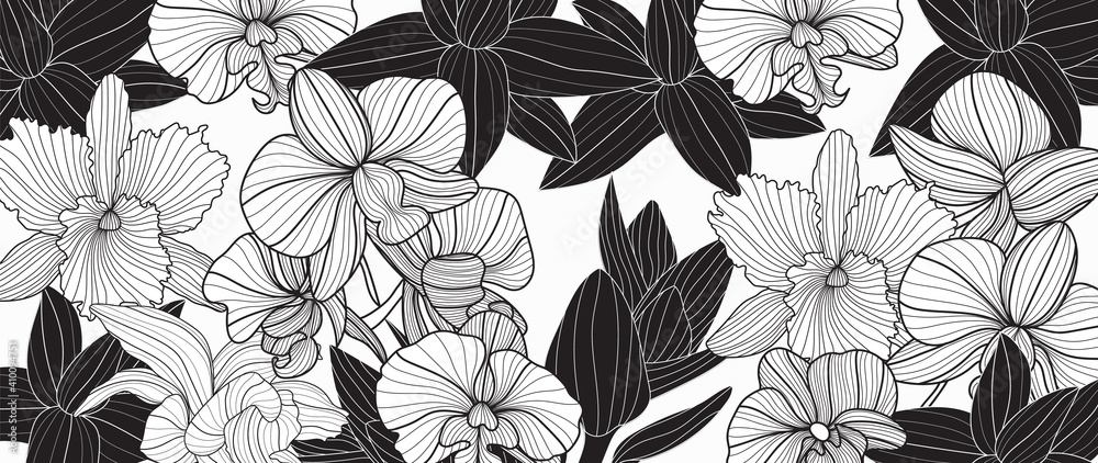 Luxury elegant orchids floral line arts pattern and black background. Topical flower wallpaper design, Fabric, surface design. Vector illustration.