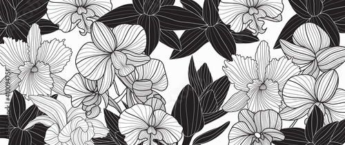 Luxury elegant orchids floral line arts pattern and black background. Topical flower wallpaper design, Fabric, surface design. Vector illustration.