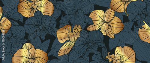 Luxury elegant gold orchids floral line arts pattern and black background. Topical flower wallpaper design, Fabric, surface design. Vector illustration.