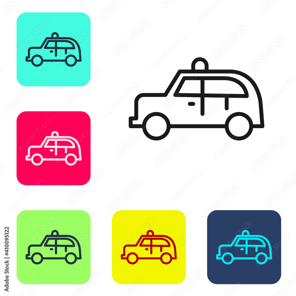 Black line Taxi car icon isolated on white background. Set icons in color square buttons. Vector.